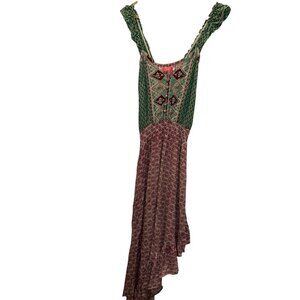 Feather & Find burgundy green block print asymmetrical hem dress S